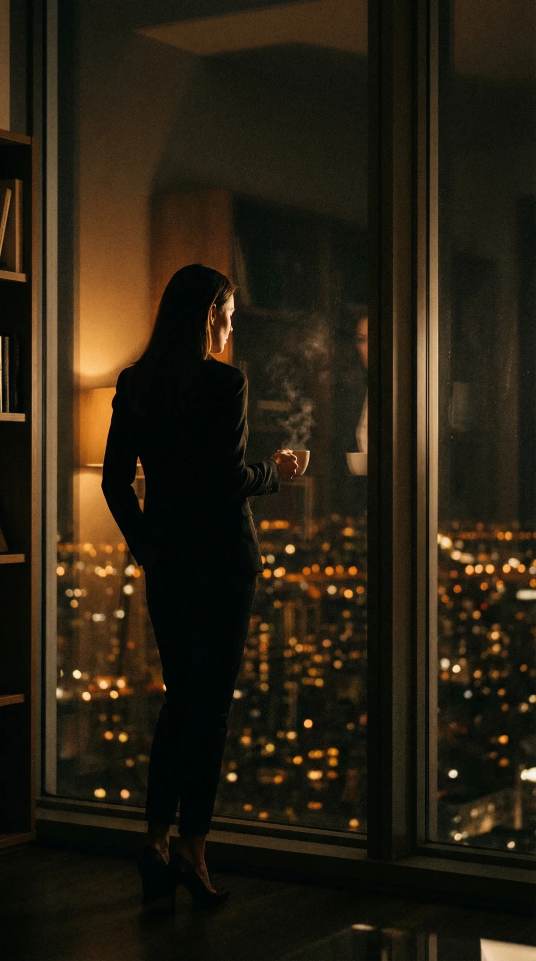 Woman silhouette looking out window at city skyline - reflection and leadership